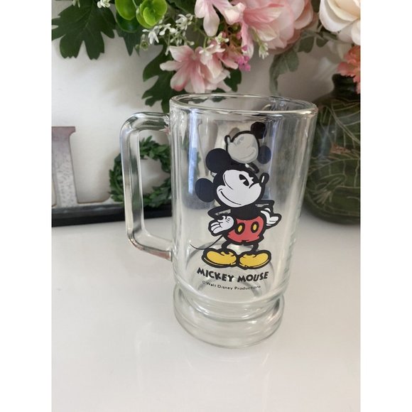Vintage Disney World Mickey Mouse Beer Glass Mug Stein‎ Footed Clear 16oz 1970s - Picture 1 of 16